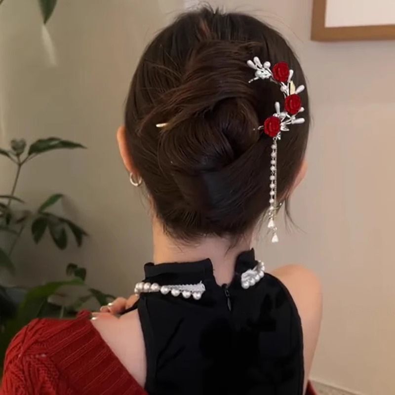 赤いU字型ヘアピン、高級ブライダルチャイニーズタッセル、古代風ヘアピン、後頭部漢服、女性用新年ヘアピン|undefined