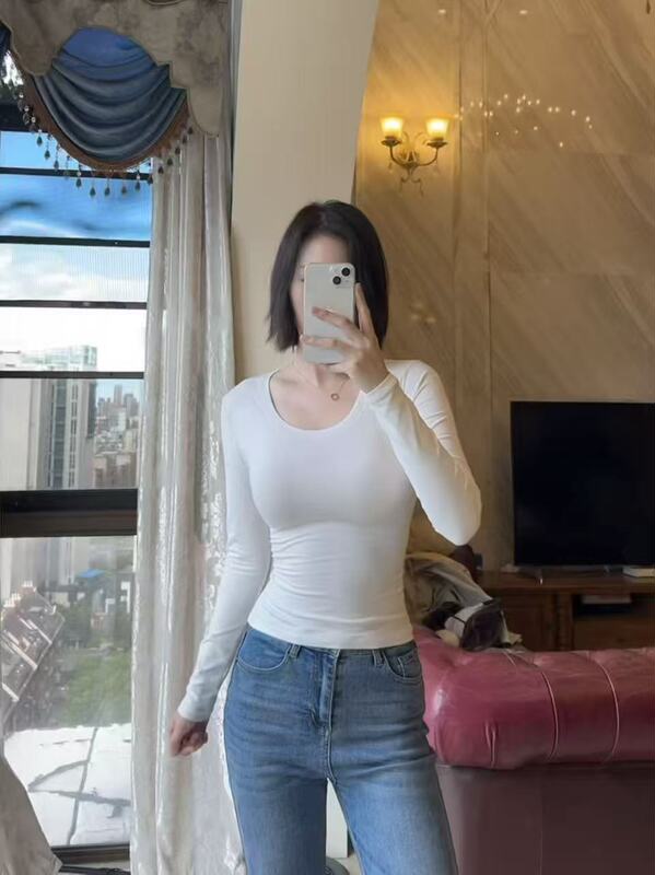 skims 卡戴珊cotton 长袖T恤弹力修身显瘦春夏圆领U领正肩高弹|undefined