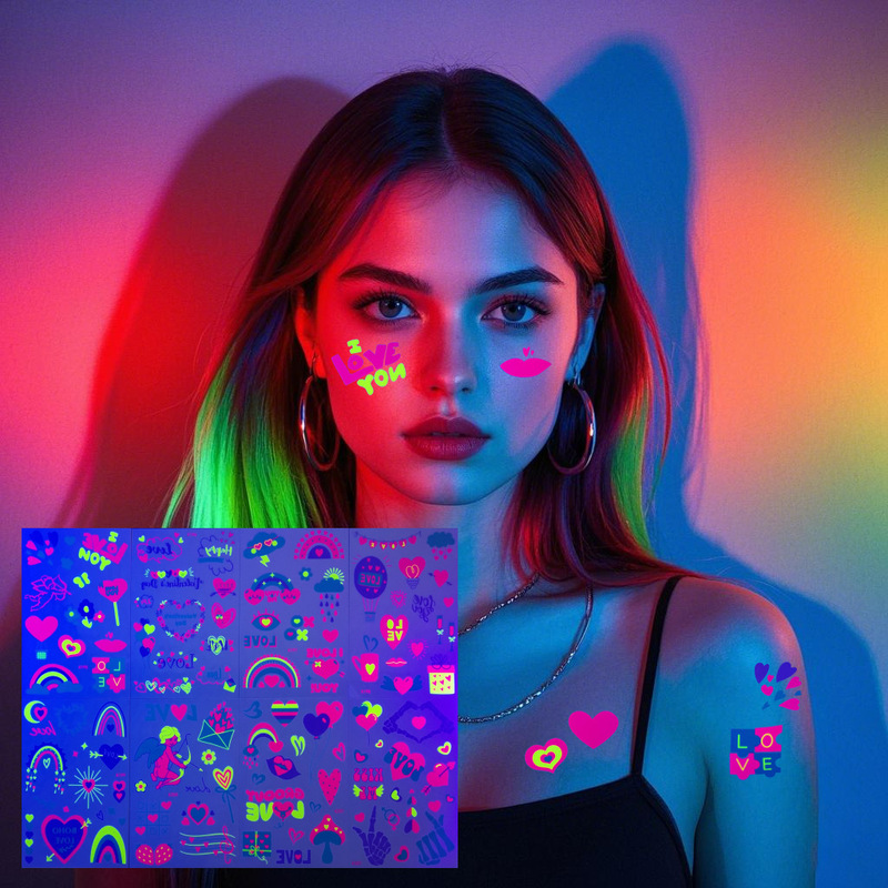 Cross-border European and American Fluorescent Love Graffiti Flower Arm Tattoo Sticker Face Sticker Waterproof Lover's Lip Print Arm Tattoo Sticker