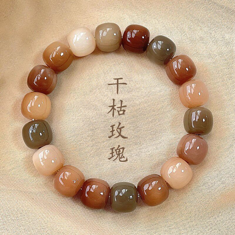 Dried rose white jade bodhi root bracelet for women, soft and smooth to the touch, student bodhi seed prayer beads, hand-carved bracelet for men