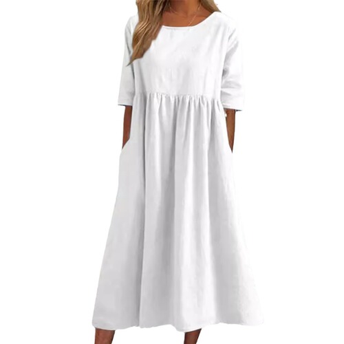 2025 Summer Independent Station Cotton Linen Casual Short Sleeve Pocket Pleated Loose Round Neck Dress