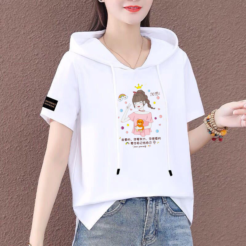 Manufacturer Wholesale Summer Half-Sleeved Hooded Sweatshirt Korean Style Loose Thin T-Shirt Women's Short-Sleeved Casual Versatile Top