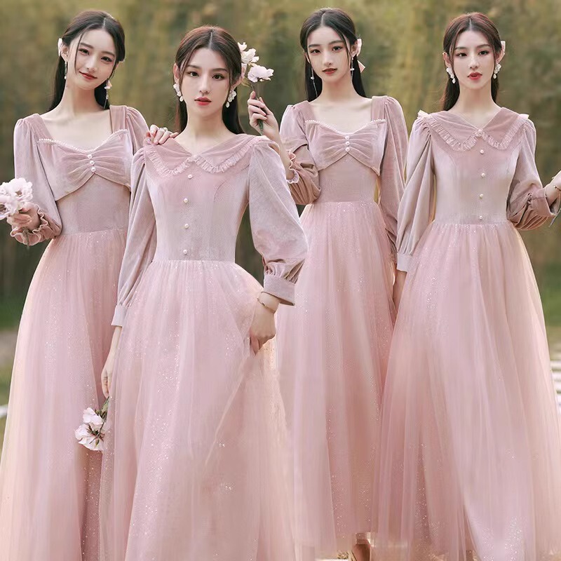Pink Velvet Bridesmaid Dress 2026 Autumn and Winter New Style Sister Group Host Elegant Dress Long-Sleeved Slimming Performance Dress Pink Velvet Bridesmaid Dress 2026 Autumn and Winter New Style Sister Group Host Elegant Dress Long-Sleeved Slimming Performance Dress