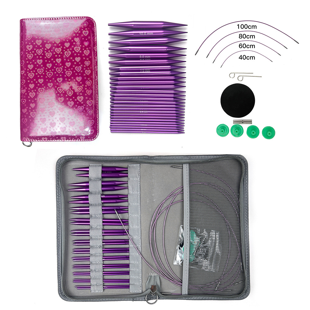 Agujas de suéter transfronterizas de óxido de aluminio desmontables set de aguja de anillo púrpura 10CM un conjunto de 13 bolsas PU
