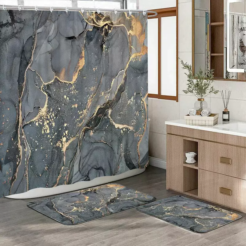 Shower curtain, marble polyester, waterproof and breathable, light thin fabric, multiple sizes