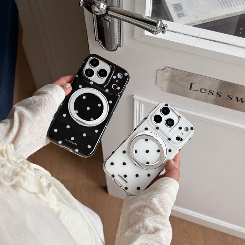 Simple Black and White Polka Dot Rotating Folding Stand Suitable for iPhone 17 Pro Max Apple 16 Phone Case 15 Simple Black and White Polka Dot Rotating Folding Stand Suitable for iPhone 17 Pro Max Apple 16 Phone Case 15