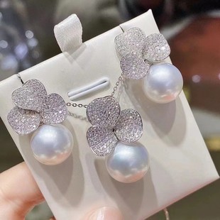 New Natural Freshwater White Pearl 11-12mm Drop Earrings S925 Silver Clover suit