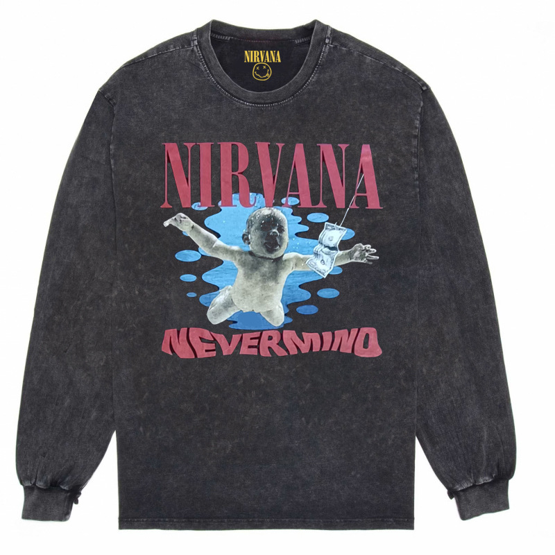 Nirvana Vintage American retro apenado rock punk angustiado lavado batik Camiseta de manga larga