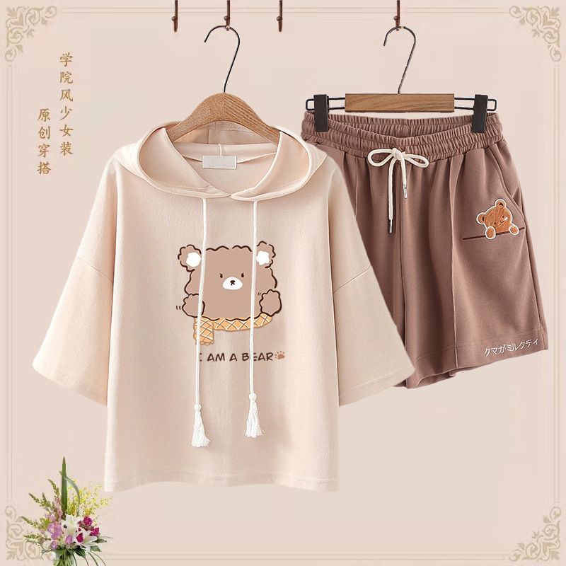 살구색 스카프 곰 탑 + 커피 반바지