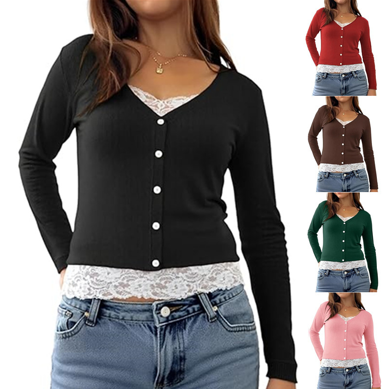 2025 European and American Cross-Border Fashion Versatile Long-Sleeved V Neck Button Threaded Lace Splicing Fake Two-Piece Top T-Shirt Women's Clothing 2025 European and American Cross-Border Fashion Versatile Long-Sleeved V Neck Button Threaded Lace Splicing Fake Two-Piece Top T-Shirt Women's Clothing
