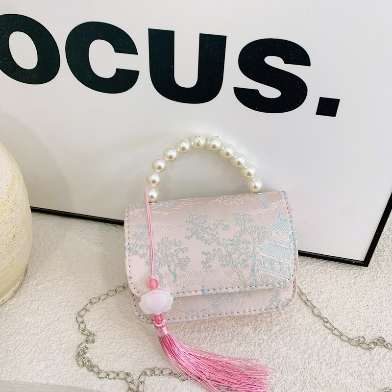 Bolsas de niños nuevas bolsas de mano de perlas de estilo nacional, bolsas de cadena de arco de bordilla princesa, bolsas de hombro de moda nacional de niñas lotes