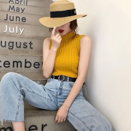 Summer new style half-high collar knitted camisole vest for women to wear sleeveless T-shirt top with thin bottoming shirt inside
