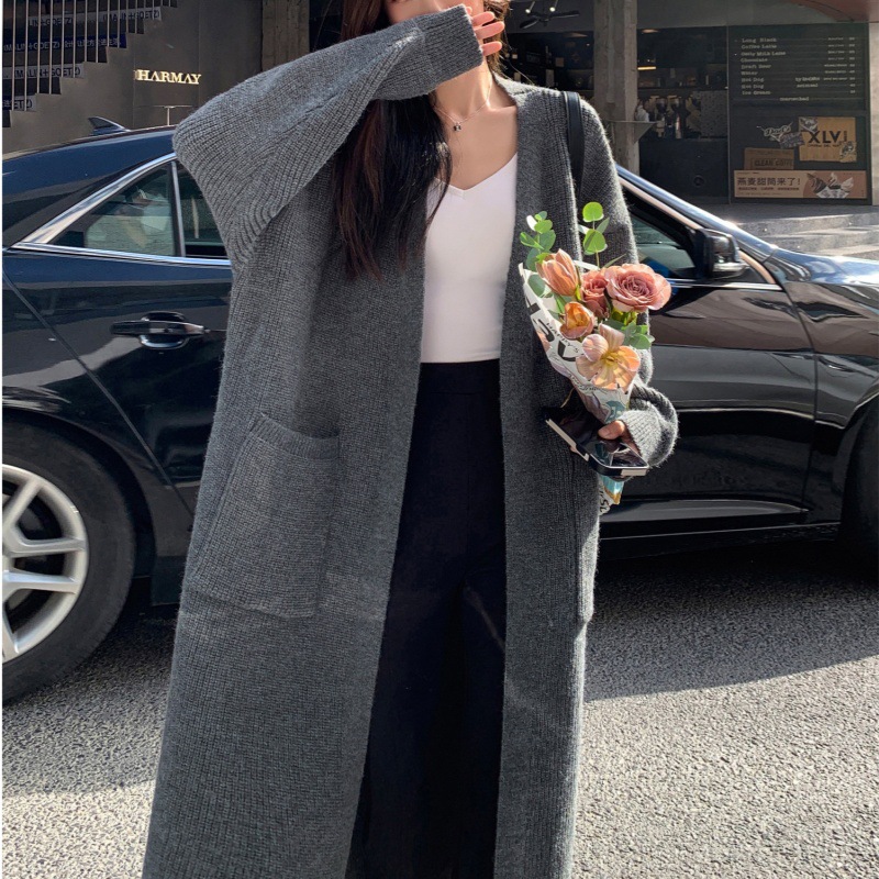 Korean High-End Hepburn Style Black Long Sweater Women's Knitted Cardigan Jacket Autumn and Winter Versatile Loose Coat