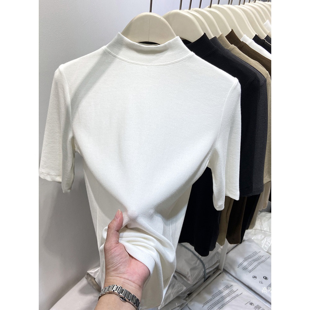 Women's half-high neck three-quarter sleeve base layer T-shirt, 2026 spring and autumn new style, slim fit, flattering inner layer, mid-sleeve stand collar top