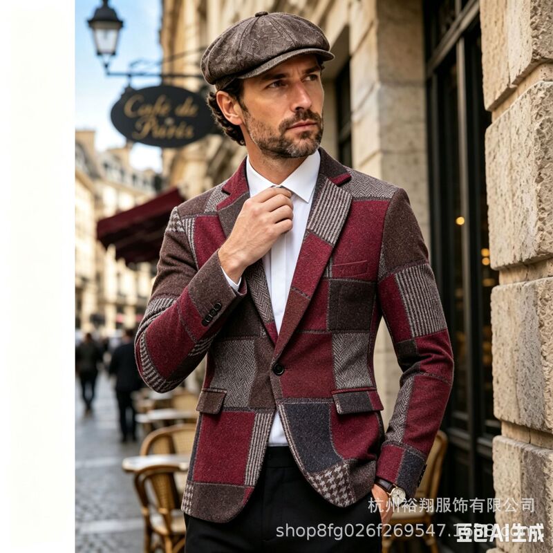 European and American retro-style men’s suit with irregular patchwork, featuring a herringbone pattern, single-breasted design, and a slim fit, available in European sizes European and American retro-style men’s suit with irregular patchwork, featuring a herringbone pattern, single-breasted design, and a slim fit, available in European sizes