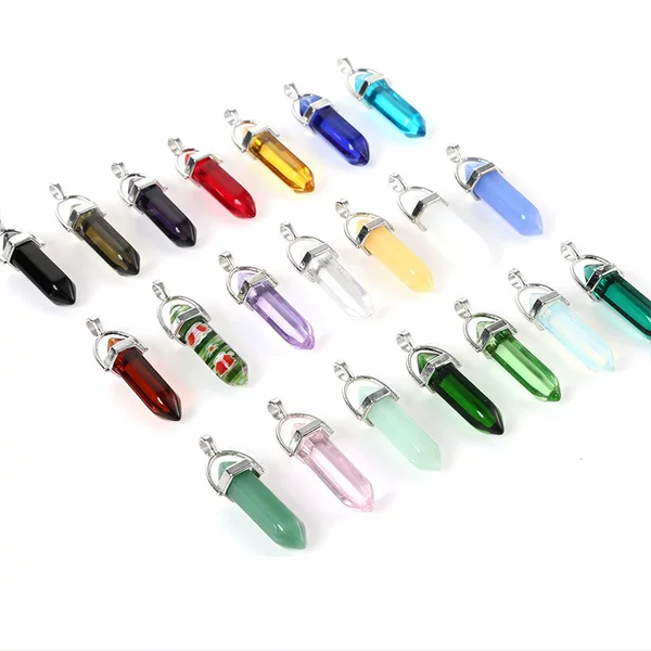 Cross-Border Hot Selling Double-Pointed Hexagonal Column Pendant Glass Bullet Glass Necklace Foreign Trade Jewelry Necklace Manufacturer Wholesale