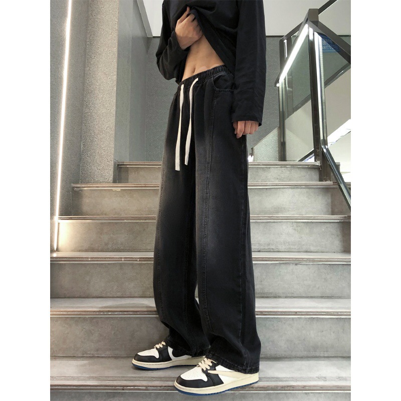 Staggered Waist Gradient Jeans Men's Summer American Style Loose Straight 2024 New Spring and Autumn Wide Leg Boys Pants