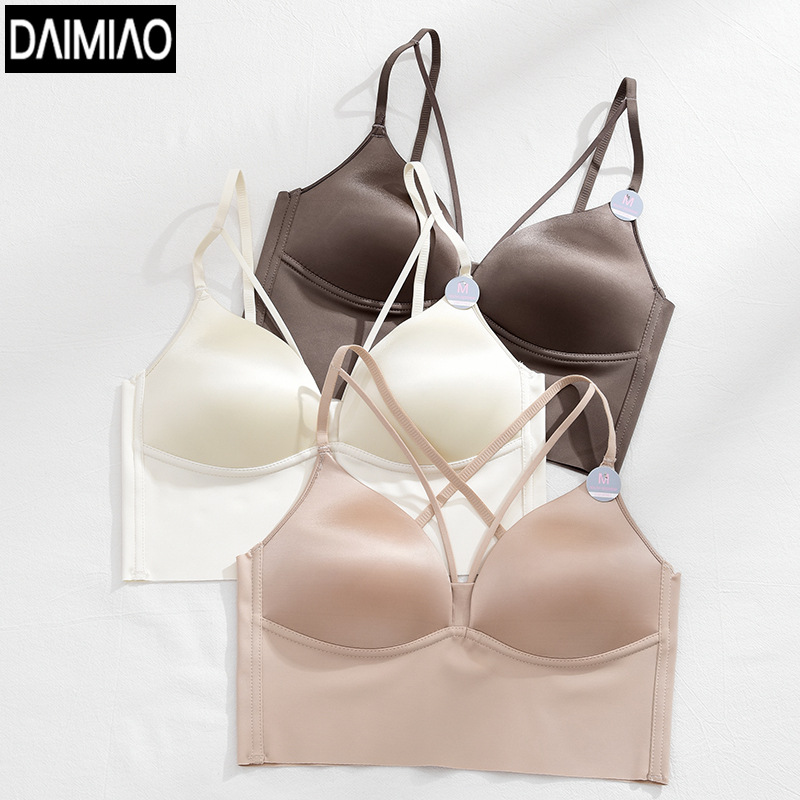Spring New Style Ice Silk Underwear Women's Seamless Bra Wireless Suspension Belt Breast Pad Vest Bottoming Cross Beauty Back Wrap Chest