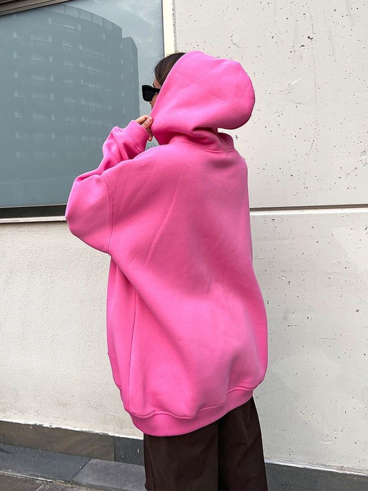Áo hoodie nỉ lông dáng rộng có mũ và túi, tay dài, dáng unisex — Màu cà phê, Màu hồng, Màu xám, Màu đen chi tiết 28