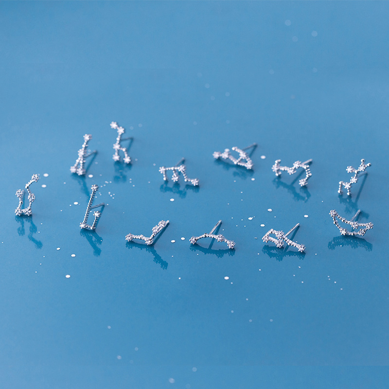 方行s925纯银耳钉女韩版小清新镶钻十二星座耳钉甜美幸运时尚耳饰