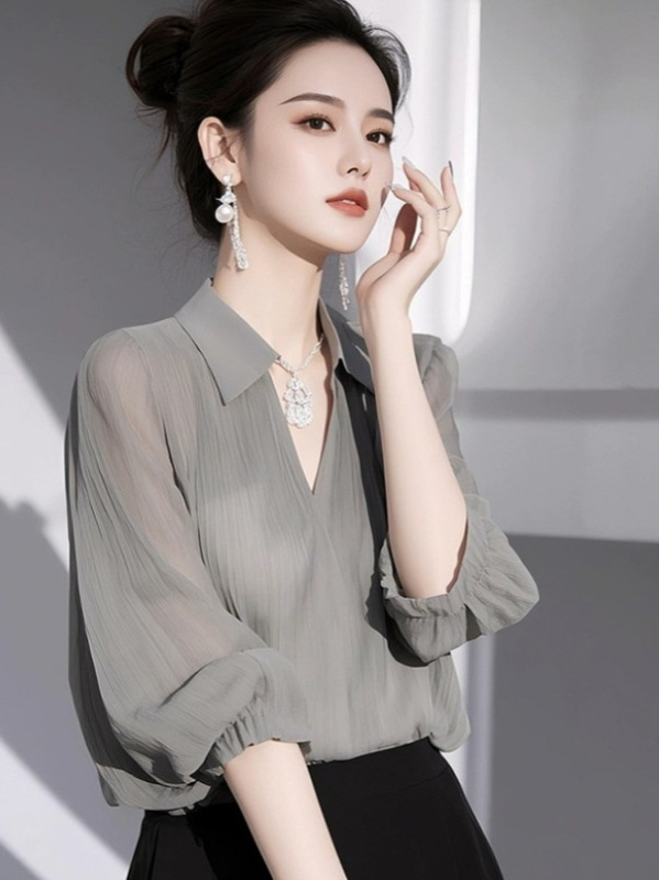 春夏2025新型高級欧品洋気独特の美しいフランス減齢軽豪華なグレーシャツ|undefined