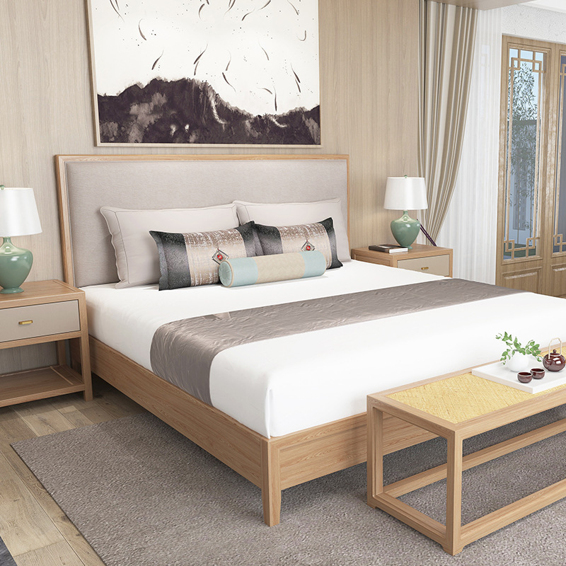New Chinese Style Solid Wood Bed Modern Simple Hotel Guest Room Double Bed Homestay Club Model Room Original Wood Color Bed