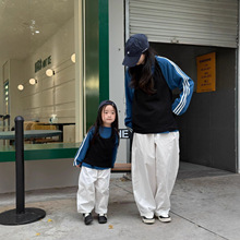 韩版亲子套装2025新款洋气时髦条纹蓝色卫衣挂脖休闲裤子三件套潮