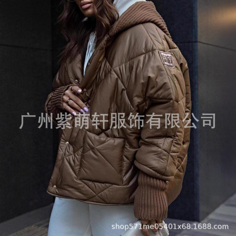 2025独立站秋冬欧美跨境时尚宽松毛衣拼接开衫立领女式外套棉服|undefined