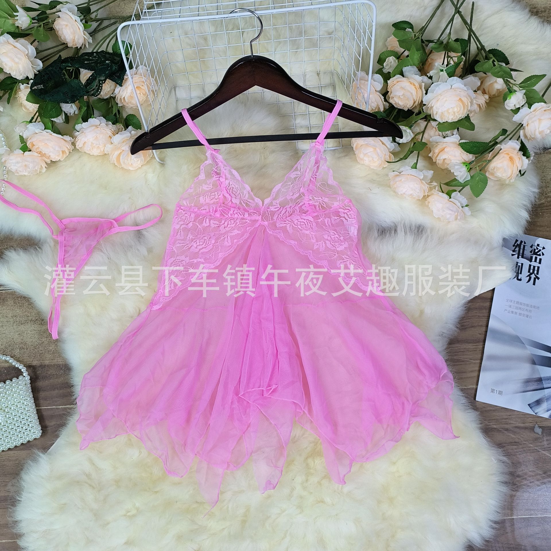 性感情趣内衣女式柔纱深V性感藕色蕾丝吊带裙美人鱼睡裙三家批发