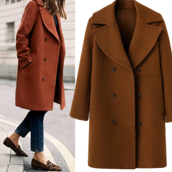 European and American autumn and winter plus size cross-border women's woolen coat women's double-breasted long windbreaker woolen coat wholesale