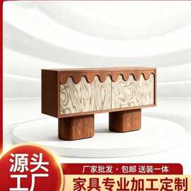 中古风设计师诧寂风艺术木皮实木储物电视柜法式复古门厅创意边柜