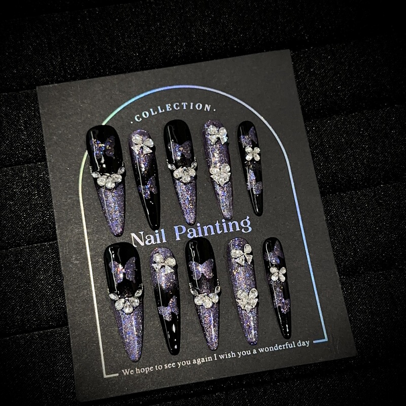 Handmade purple cat-eye long pointed nail tips, European and American dark style, with butterfly and zircon embellishments, fake nail patches Handmade purple cat-eye long pointed nail tips, European and American dark style, with butterfly and zircon embellishments, fake nail patches