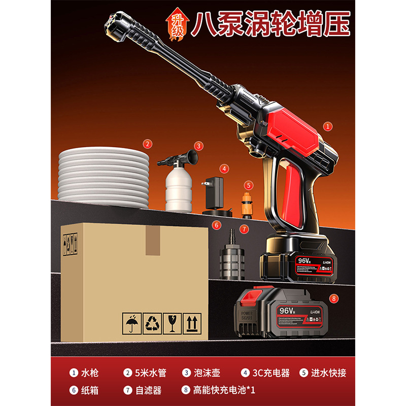 Cordless Car Washer, Lizeng Portable car washer - upgraded-eight-pump-pulse-turbocharged-96vh-long-battery-life-40-sections-1-battery-1-charger-5m-hose-6-in-1-nozzle-cardboard-box