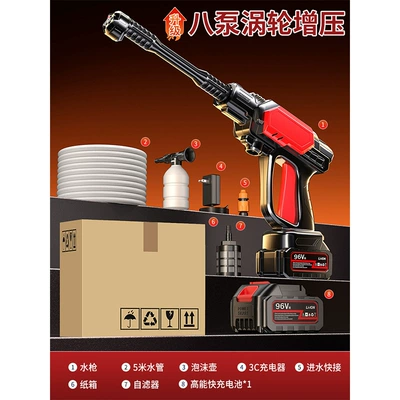 Washing Machine, Household High-Pressure Water – Portable car washer - upgraded-eight-pump-pulse-turbocharging-96vh-high-endurance-single-battery-40-knots-power-1-battery-1-charge-5m-water-pipes-six-in-one-nozzle-carton-packaging