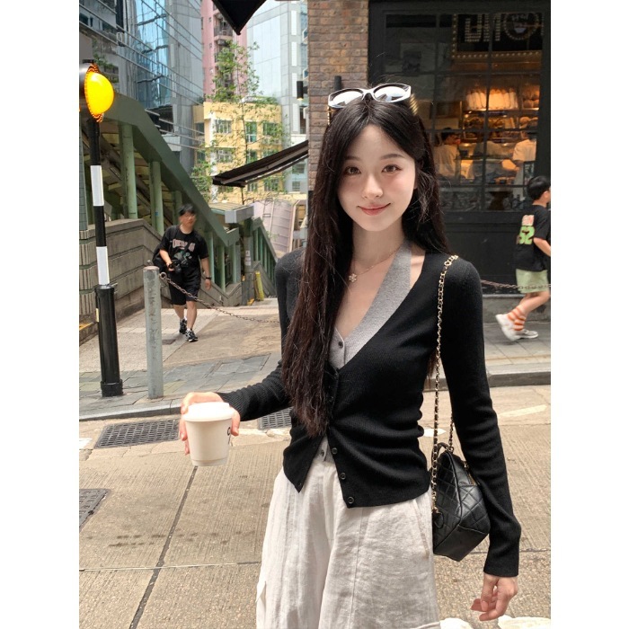 韩系粉色v领挂脖假两件针织开衫女春秋设计感毛衣拼接长袖上衣|undefined