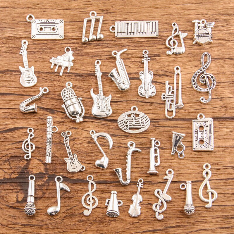 Mixed 34 Cross-Border Musical Note Pendants, Guitar, Piano, Bass, Violin, Music Equipment, Alloy Jewelry Accessories