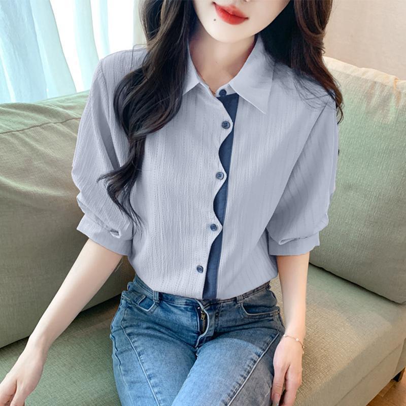 Irregular Color-Blocked Chiffon Shirt for Women 2025 Summer New Loose Pleated Short-Sleeved Shirt Versatile Top