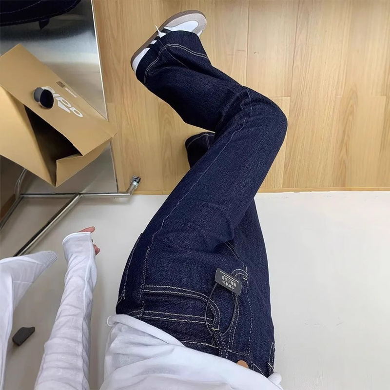 【韩牛】深蓝色新款冬季高腰宽松直筒百搭显瘦阔腿微喇牛仔裤女|undefined