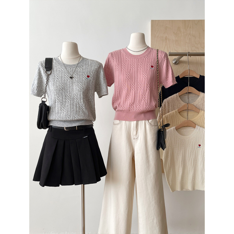 Spring Korean-Style Twist-Knit Heart Print Regular Shoulder Short-Sleeve T-Shirt Round Neck Slim Fit Versatile Top for Women