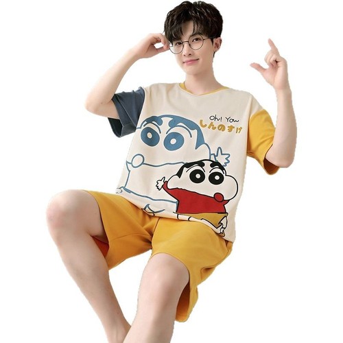 Men's Summer Pure Cotton Short-Sleeve 2025 Thin Youth Student Cartoon Plus Size Homecoming Set