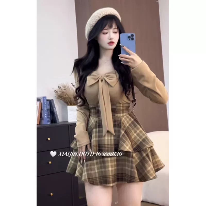 Большой размер толстый мм чистый ветер сладкий горячий девушка с длинными рукавами рубашка женская осенняя и зимняя клетчатая юбка с талией