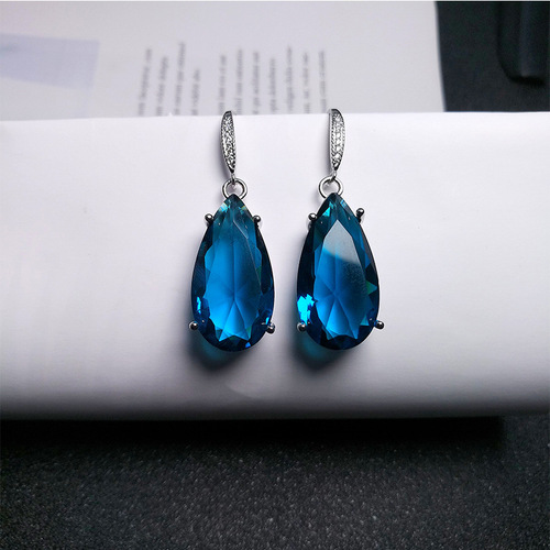Xingheng jewelry wholesale imitation emerald ear hooks platinum-plated drop-shaped blue crystal ear hooks emerald drop ear hooks