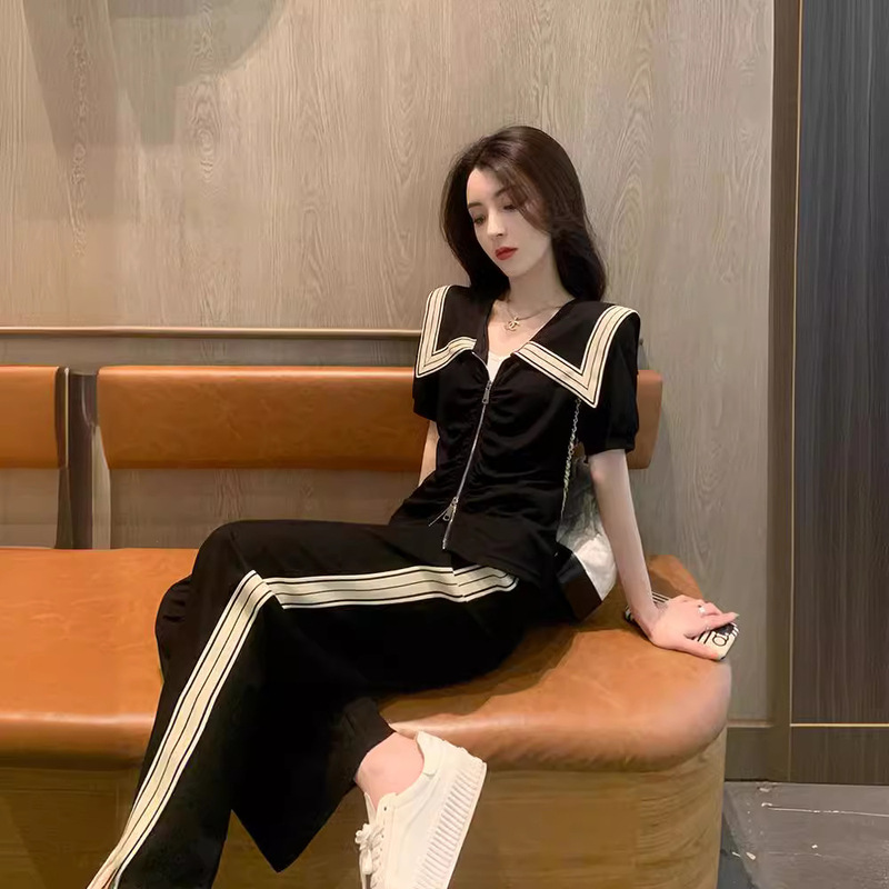 Black Casual Sports Suit Women's Summer 2024 New Loose Age-reducing Cyber Celebrity Fried Street Short-sleeved Wide-leg Pants Two-piece Set