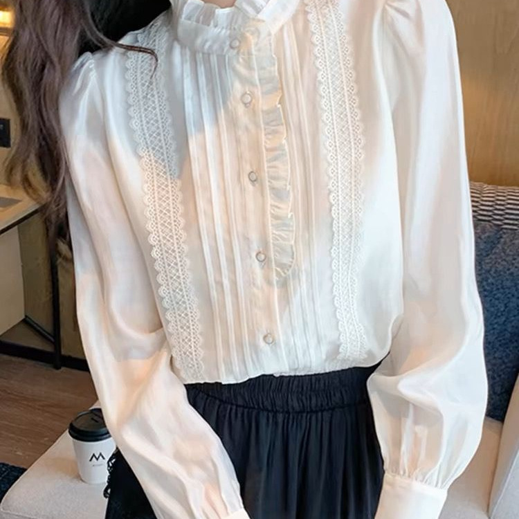 法式高级感木耳边长袖立领衬衫女2025早春季新款别致减龄气质上衣|undefined