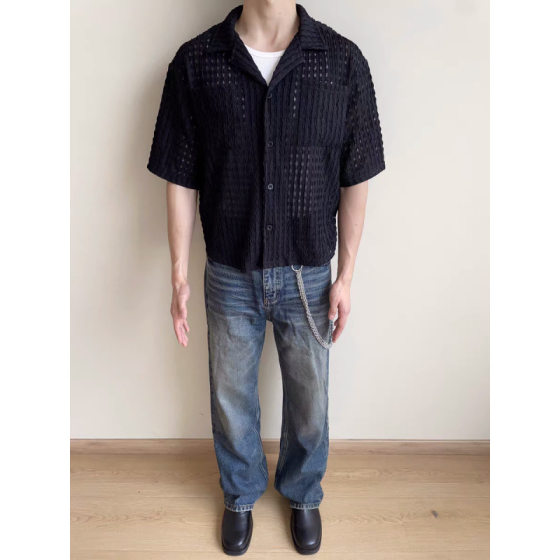 Summer spider web short sleeve shirt black jacket empty mesh texture short wide version