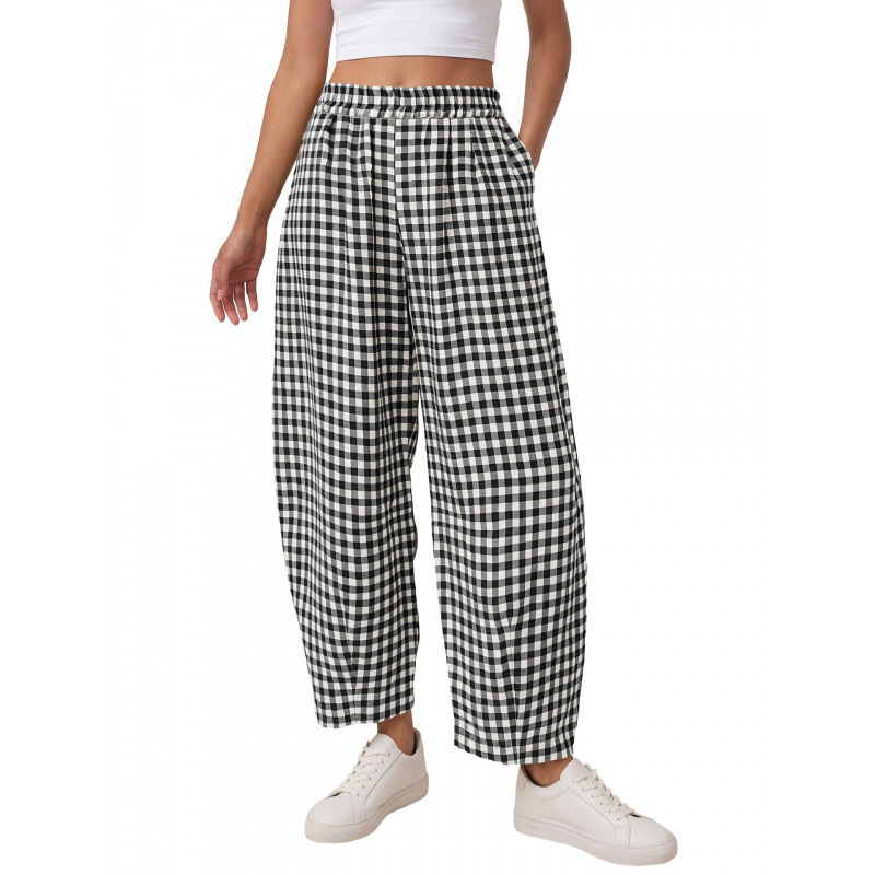 2026 Spring/Summer New European and American Style Plaid High-Waisted Wide-Leg Pants for Women, Loose Casual Cropped Pants, Fashionable and Versatile with Pockets 2026 Spring/Summer New European and American Style Plaid High-Waisted Wide-Leg Pants for Women, Loose Casual Cropped Pants, Fashionable and Versatile with Pockets