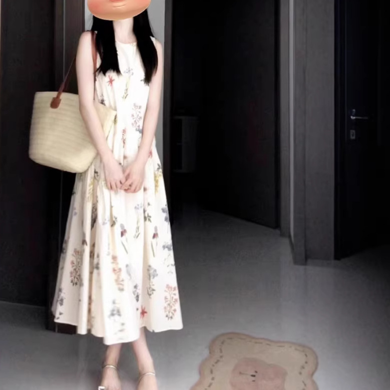 Vestido francês sem mangas com estampa floral enrugada para mulheres, verão, novo design retrô, elegante, saia longa em linha A.