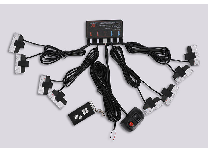 Car Modification Wireless Remote Control 12-24V One-To-Four Red and Blue Grille Clip Strobe Light 2Led*8 Warning Light