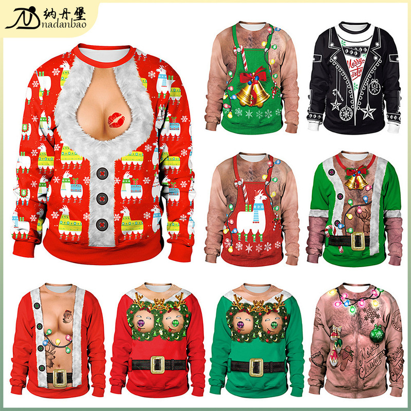 Amazon's Best-Selling Christmas Holiday Spoof Revealing Breasts and Belly Button Hair 3D Digital Printing Round Neck Pullover Couple Sweatshirt
