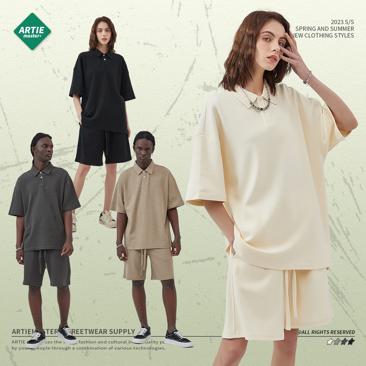 ARTIE hombres Slim 2024 Primavera/Verano Nuevo 330g patrón de diamante waffle solapa split suelta manga corta Camiseta